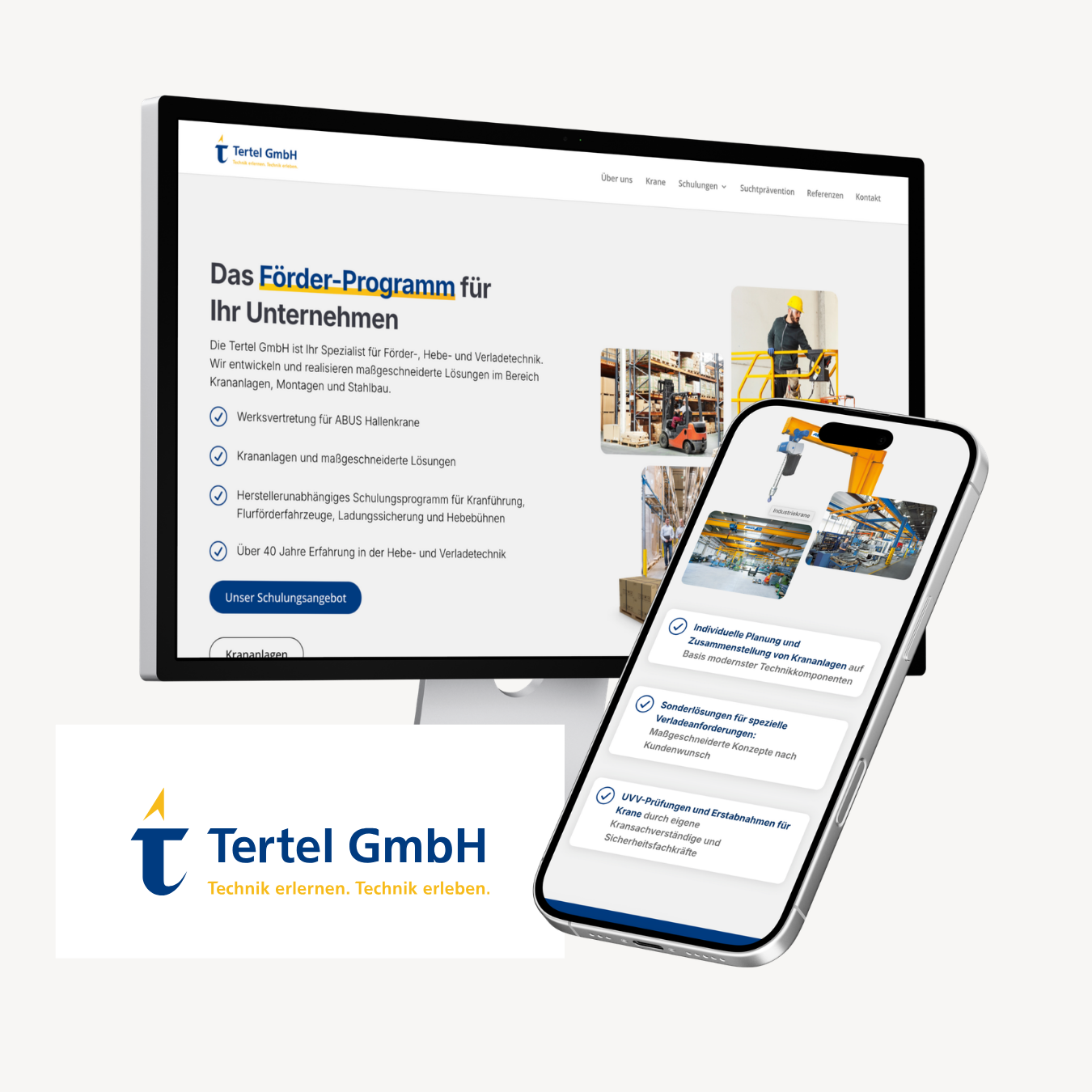 Ein Computermonitor und ein Smartphone zeigen die Website der Tertel GmbH mit einem Förderprogramm für Unternehmen an, darunter das Firmenlogo.