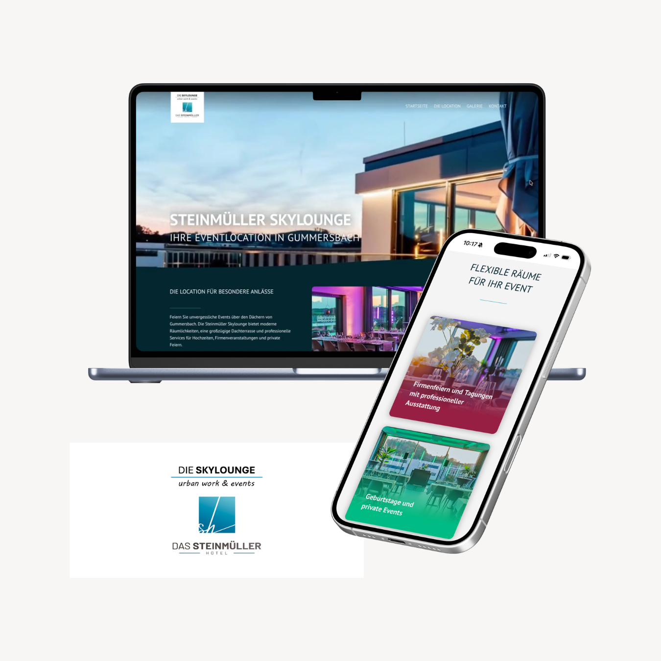 Ein Laptop und ein Smartphone zeigen eine Website für die STEINMÜLLER SKYWOUNGE, eine Eventlocation, mit einem Logo unter den Geräten.