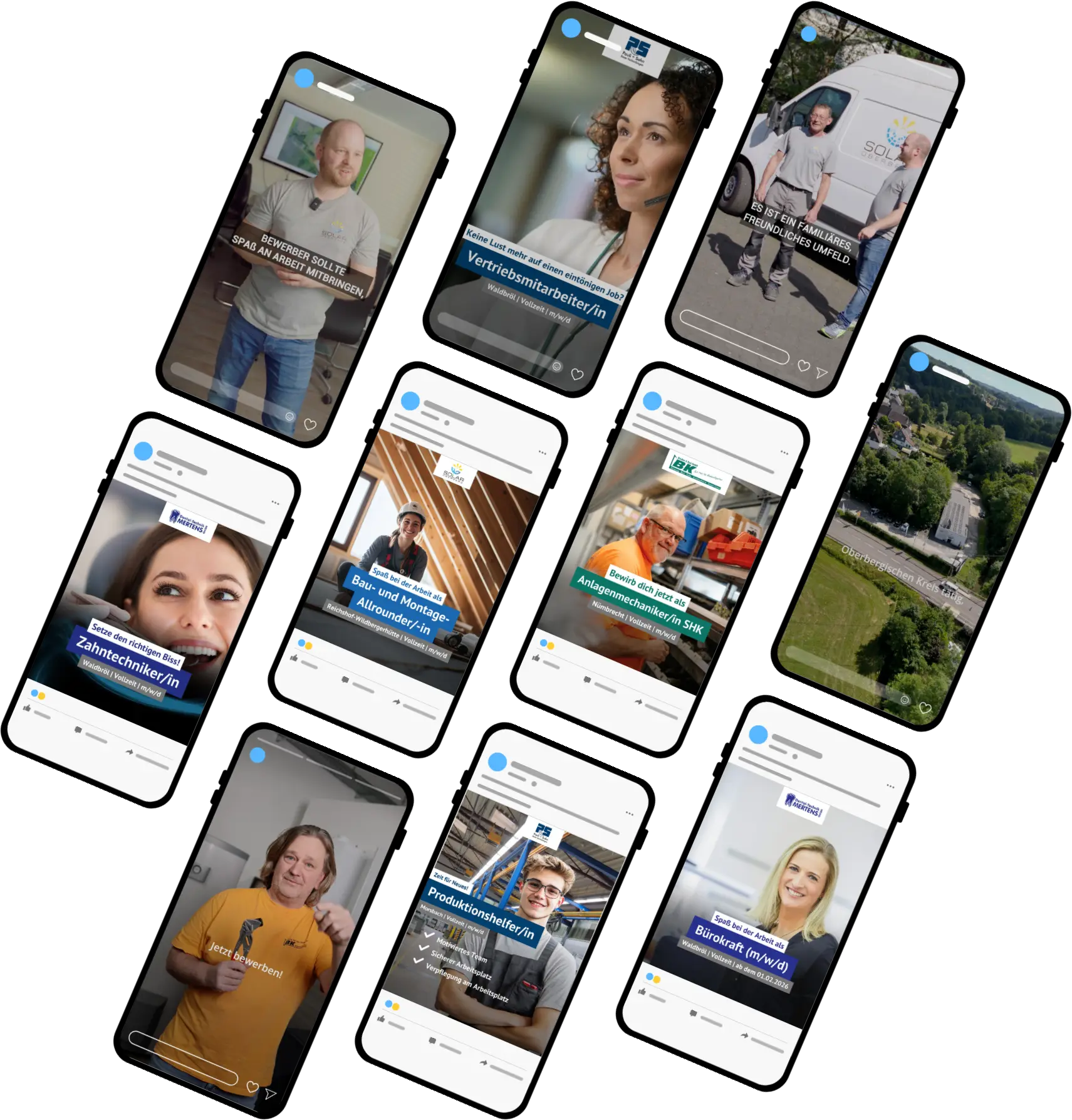 Eine Collage aus zehn Smartphone-Bildschirmen zeigt verschiedene Personen in beruflichen Situationen, wobei jeder Bildschirm mit verschiedenen deutschen Berufsbezeichnungen und Firmenlogos beschriftet ist.