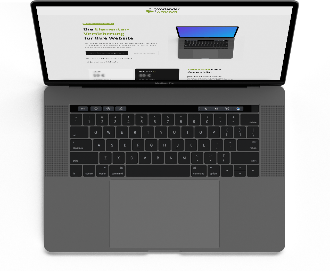 headerfoto Einfach online kündigen Ein MacBook-Laptop zeigt von oben gesehen eine deutschsprachige Website zum Thema Versicherungen an; auf dem Bildschirm sind Text und das Bild eines Laptops zu sehen.