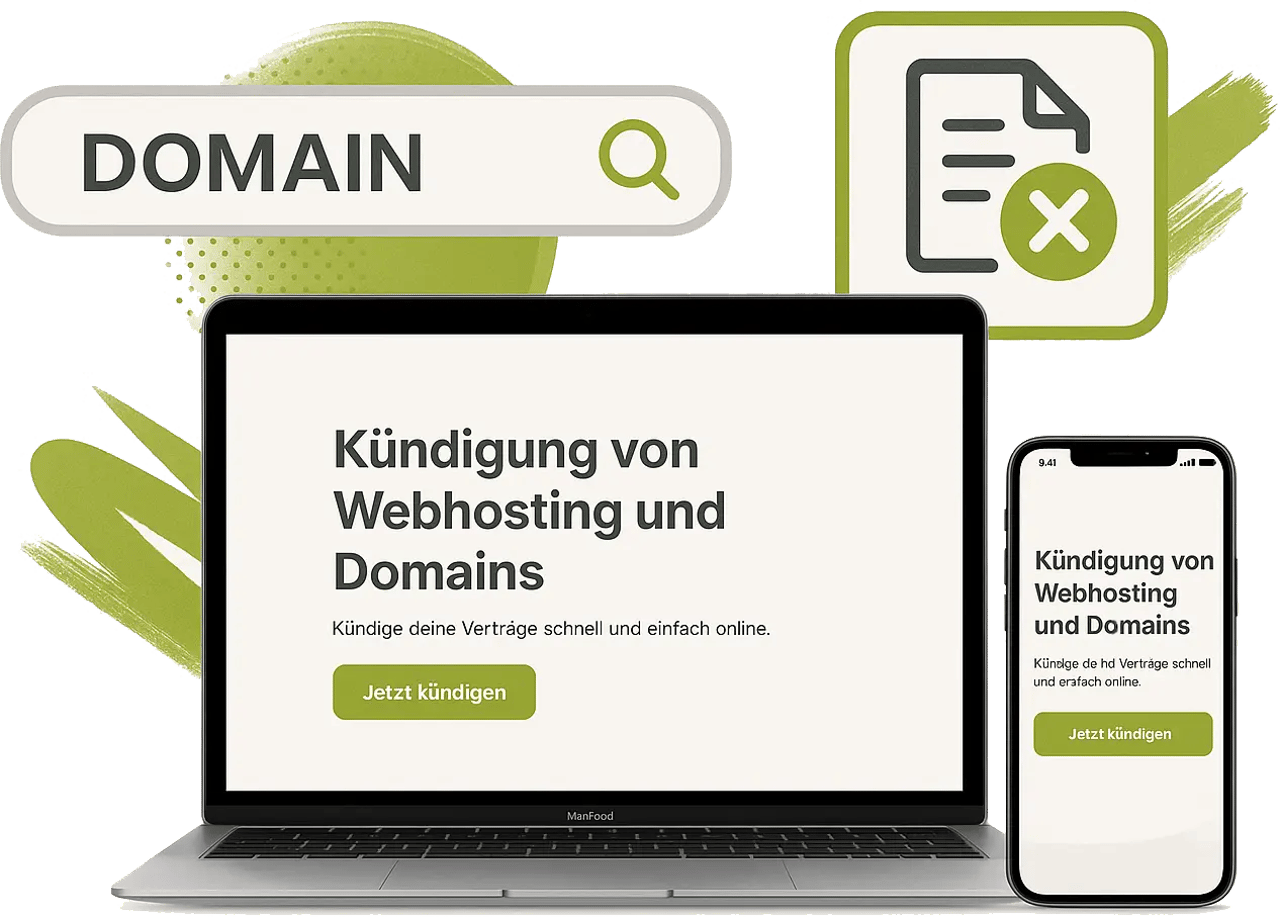 headerfoto websiteservice im angebot Ein Laptop und ein Smartphone zeigen eine Website für die Kündigung von Webhosting und Domains an, mit einer Suchleiste, die DOMAIN anzeigt, und einem Symbol eines durchgestrichenen Dokuments im Hintergrund.