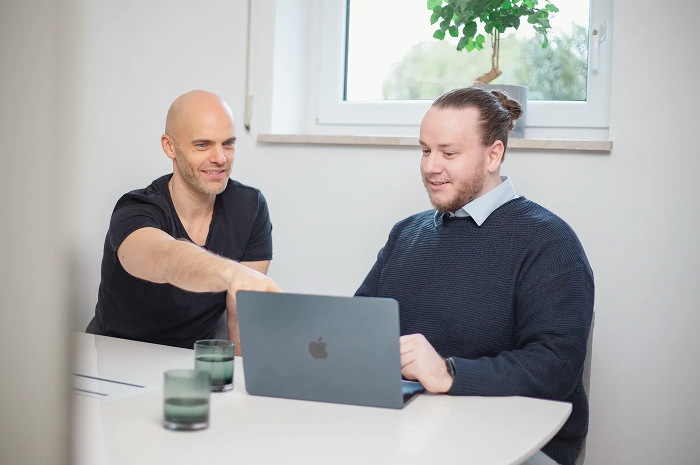 Zwei Männer sitzen an einem Tisch mit einem Laptop. Ein Mann zeigt auf den Bildschirm, während der andere ihn anschaut. Auf dem Tisch stehen zwei Wassergläser und im Hintergrund ist ein Fenster mit einer Pflanze zu sehen.