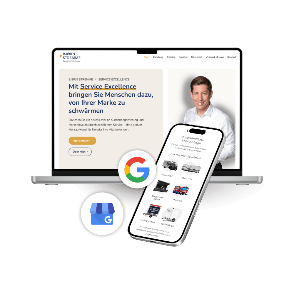 1 Ein Laptop, auf dem eine Business-Coaching-Website angezeigt wird, begleitet von einem Smartphone mit Google-Suchergebnissen und zwei zugehörigen App-Symbolen auf weißem Hintergrund.
