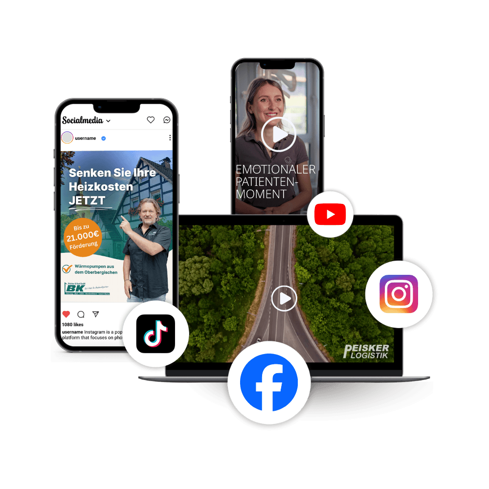 2 Eine Collage zeigt ein Smartphone mit einem Instagram-Post, ein Telefon mit einem YouTube-Video, einen Laptop mit einem Straßenbild sowie Logos von TikTok, Instagram und Facebook.