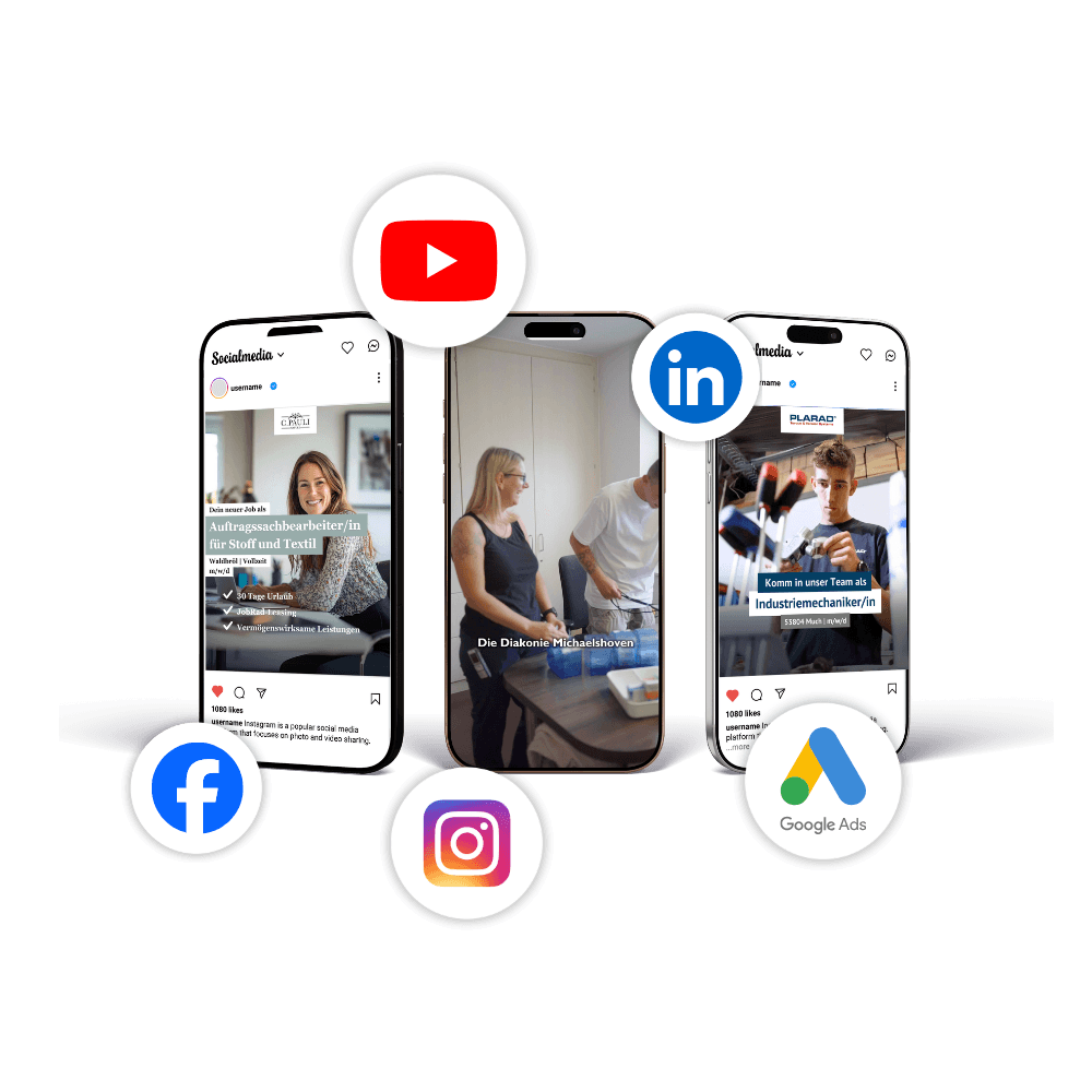 3 Drei Smartphones zeigen Beiträge in sozialen Medien an, umgeben von Symbolen für YouTube, Facebook, Instagram, LinkedIn und Google Ads, die für digitale Marketingaktivitäten stehen.
