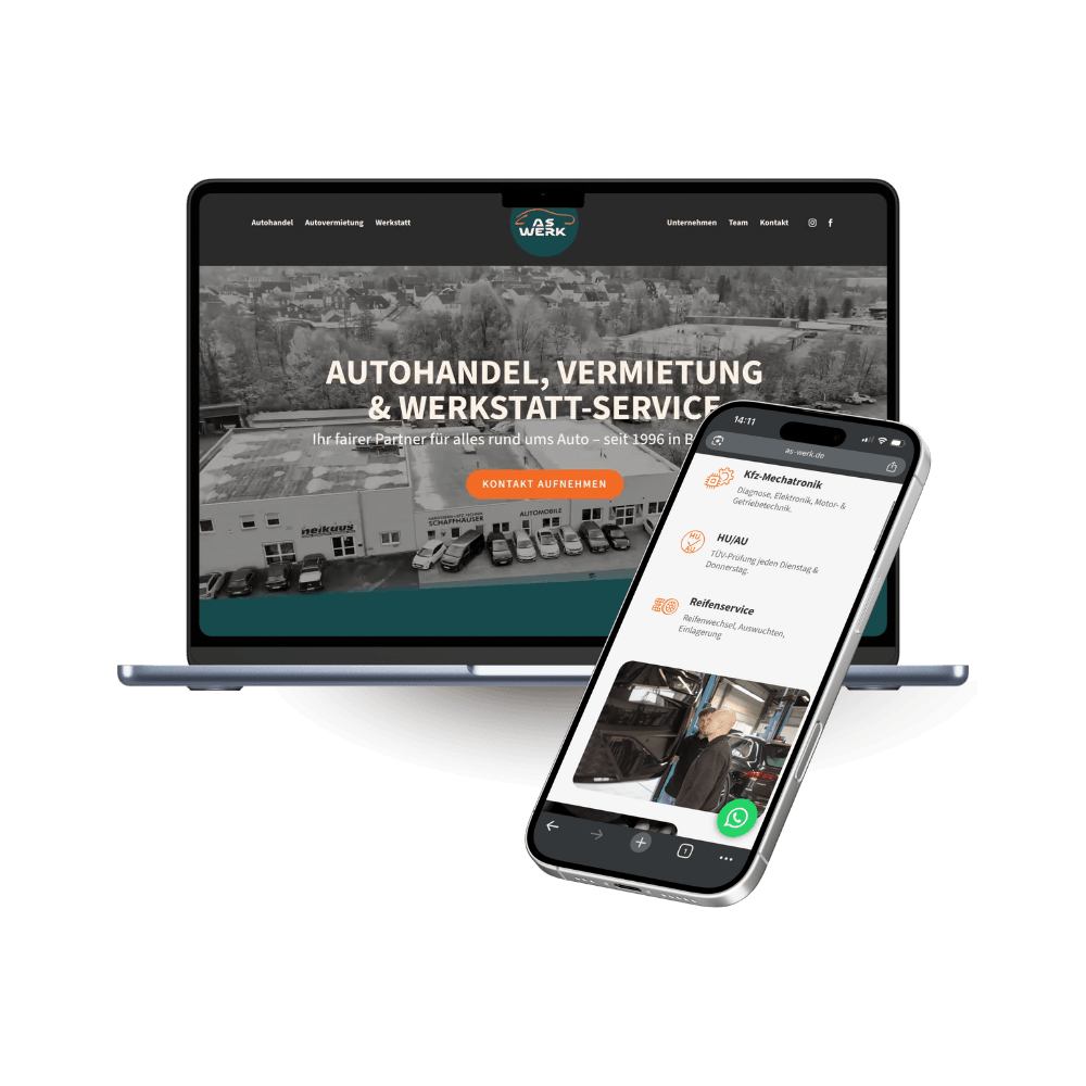 4 Ein Laptop und ein Smartphone zeigen die Website eines Autohauses, einer Autovermietung und eines Werkstattservices an, wobei die Startseite auf beiden Bildschirmen sichtbar ist.