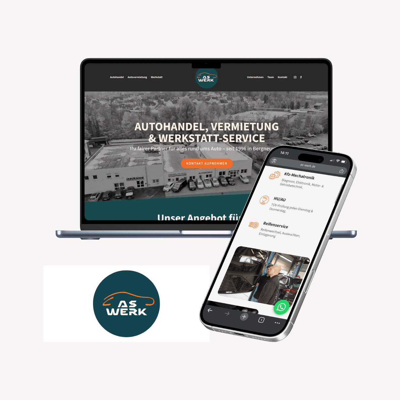 Ein Laptop und ein Smartphone zeigen die Website von AS Werk, einem Unternehmen, das Autoverkauf, Autovermietung und Werkstattdienste anbietet. Auch das Firmenlogo ist zu sehen.