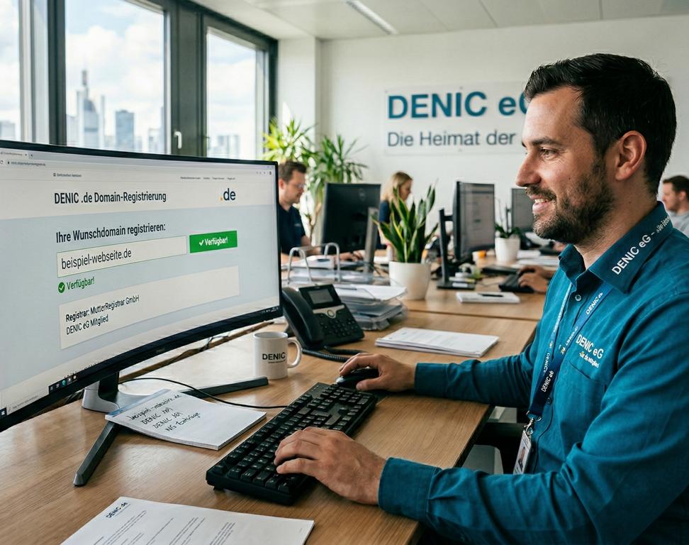 Ein Mann an einem Bürotisch benutzt einen Computer, um einen Domainnamen auf der DENIC-Website zu registrieren, während andere Mitarbeiter im Hintergrund arbeiten.