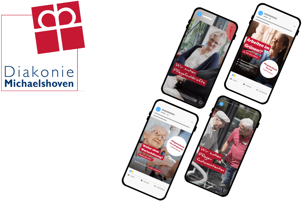Vier Smartphones zeigen Bilder von älteren Menschen mit Pflegern und einen deutschen Text über die Arbeit in Pflegeberufen; das Logo der Diakonie Michaelshoven erscheint auf der linken Seite.
