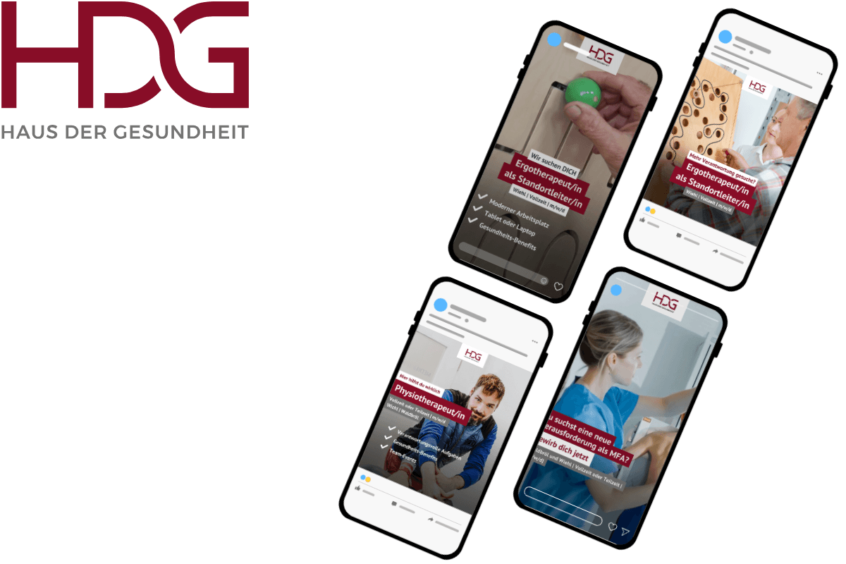 Vier Smartphones zeigen die Social-Media-Beiträge des HDG Haus der Gesundheit über Physiotherapie und ergonomische Beratung an; links erscheint das HDG-Logo.