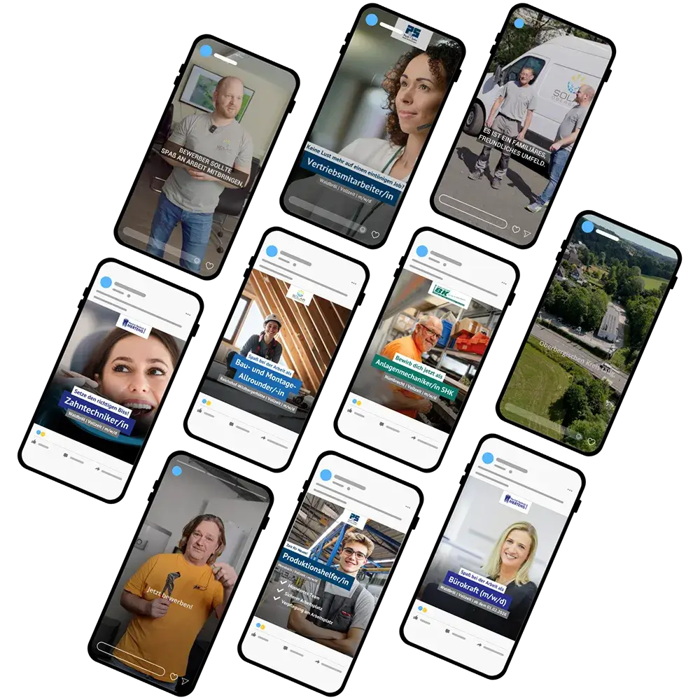 Collage aus zehn Smartphone-Bildschirmen, auf denen Menschen in verschiedenen beruflichen Situationen zu sehen sind, mit jeweils eingeblendetem Text, der die verschiedenen Berufsrollen auf Deutsch beschreibt.