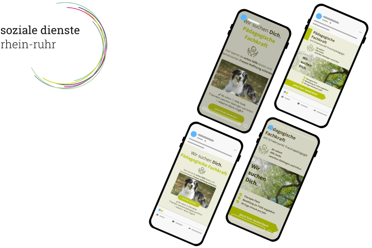 Vier Smartphones zeigen Stellenanzeigen für soziale dienste rhein-ruhr mit einem Hund, Jobdetails und Bewerbungsbuttons auf hellem Hintergrund. Das Logo erscheint auf der linken Seite.