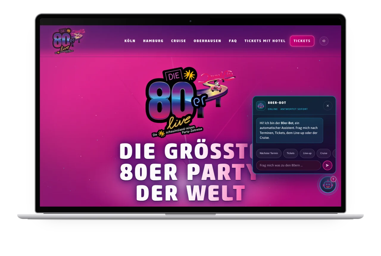 Der geöffnete 80er-Bot auf der Startseite: ein Chatfenster mit Begrüßung und Schnellantworten zu Terminen, Tickets, Line-up und Cruise
