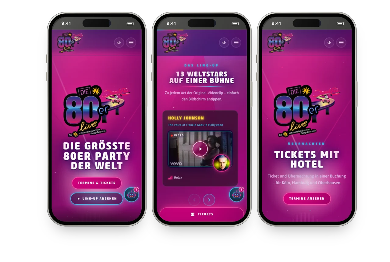 Drei iPhones mit der Website von 80er live: Startseite, Line-up mit Videokarte und Tickets mit Hotel
