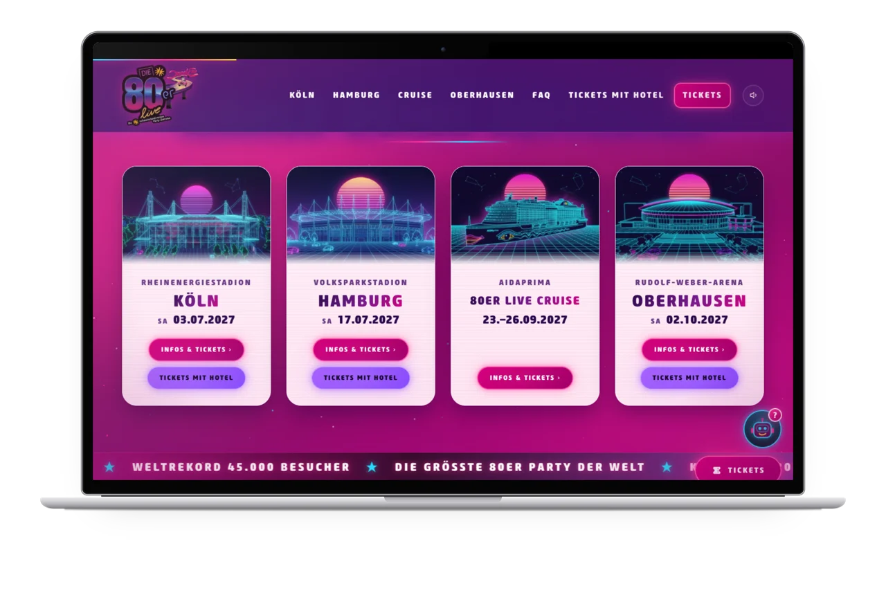 Die vier Termine der 80er live als Karten auf einem MacBook: Köln, Hamburg, Cruise und Oberhausen