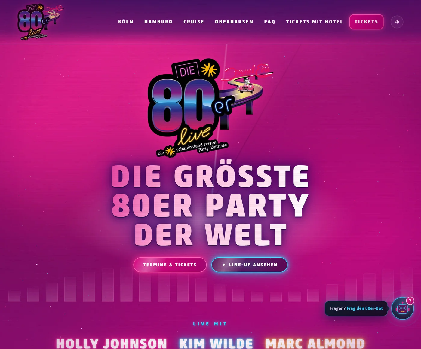 Die heutige Website von 80er live im pinken Erscheinungsbild mit Menü, Hero und dem Beginn der Künstlerliste