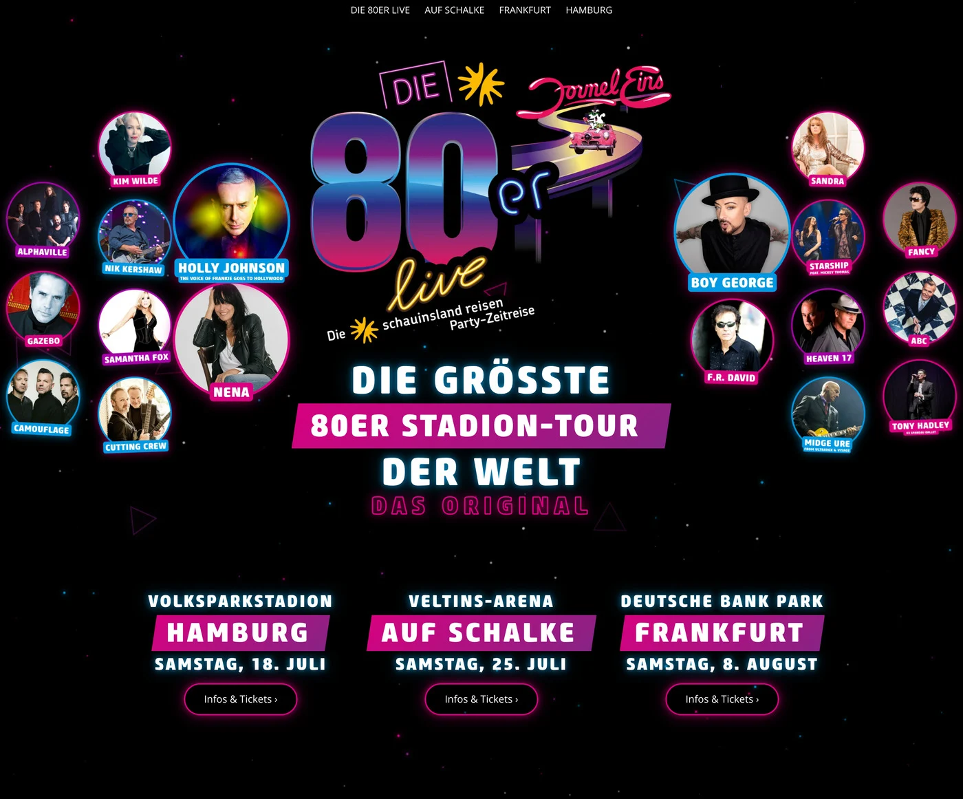 Die frühere Divi-Website von 80er live mit den Künstlern als Kreisporträts und den drei Terminen für 2026