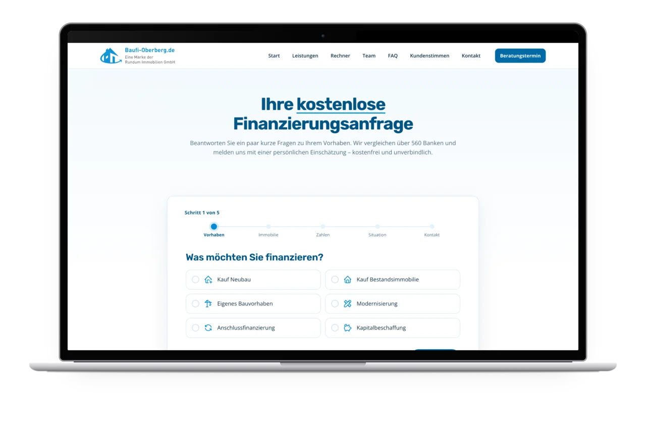 Die Finanzierungsanfrage in fünf Schritten auf einem MacBook, geöffnet ist der erste Schritt