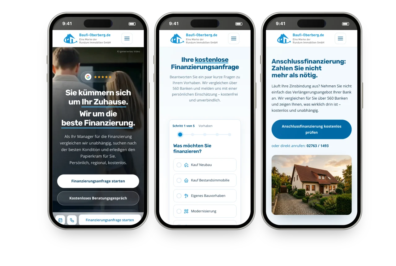 Drei iPhones mit der Website von Baufi Oberberg: Startseite, Finanzierungsanfrage und Anschlussfinanzierung