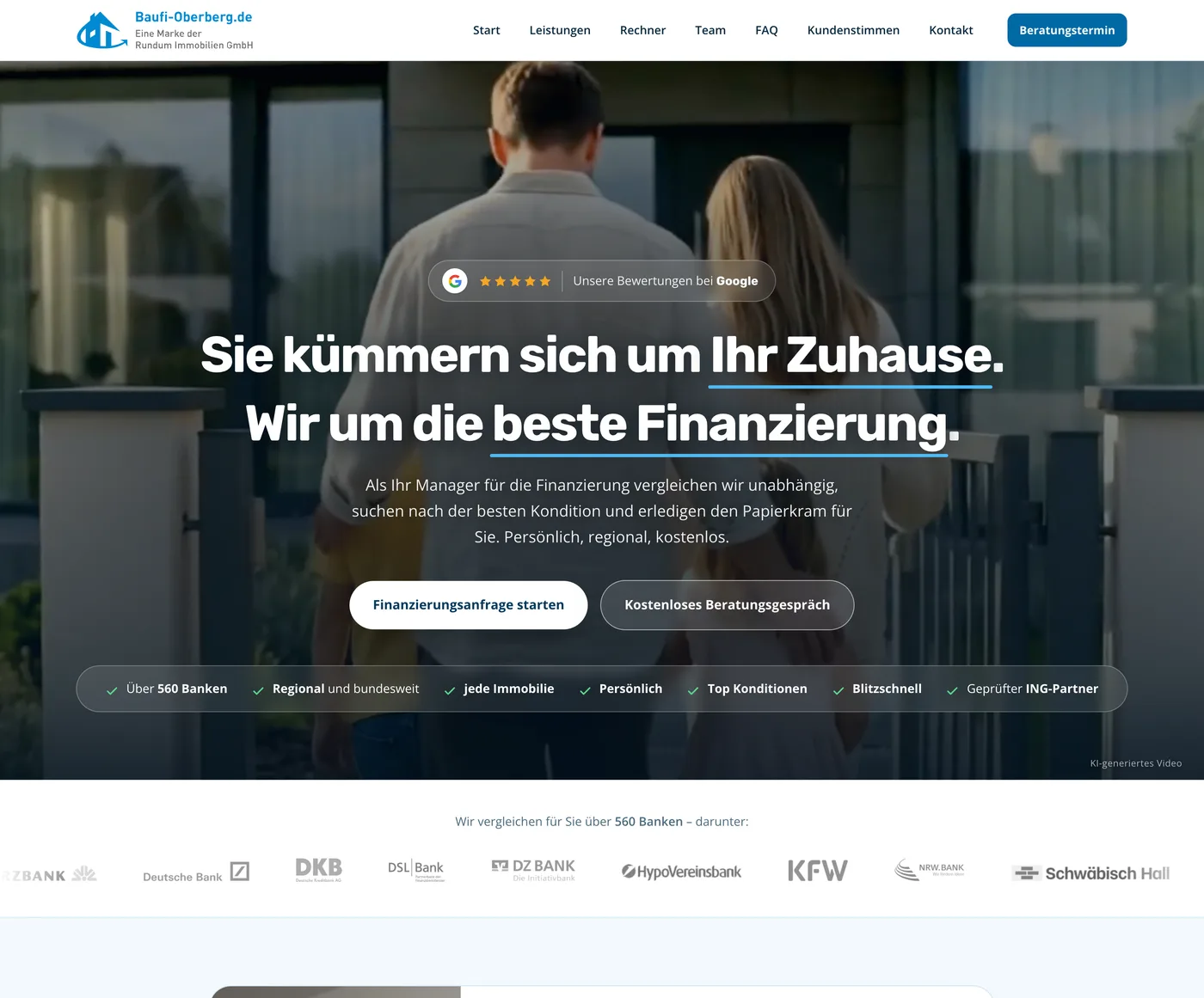 Die heutige Startseite von Baufi Oberberg mit Hero, zwei Buttons zur Anfrage und Beratung und einer Leiste der Partnerbanken