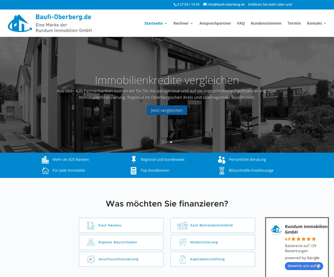 Die frühere Website von Baufi Oberberg mit grauem Slider-Bild, Symbolleiste und eingebettetem Finanzierungseinstieg