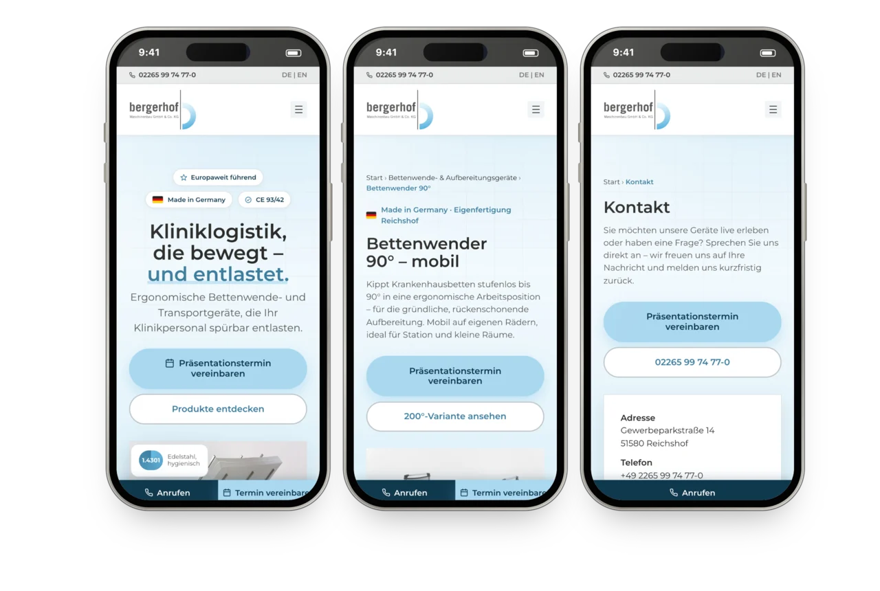Drei iPhones mit der Website von Bergerhof Maschinenbau: Startseite, Produktseite des Bettenwenders 90° und Kontakt
