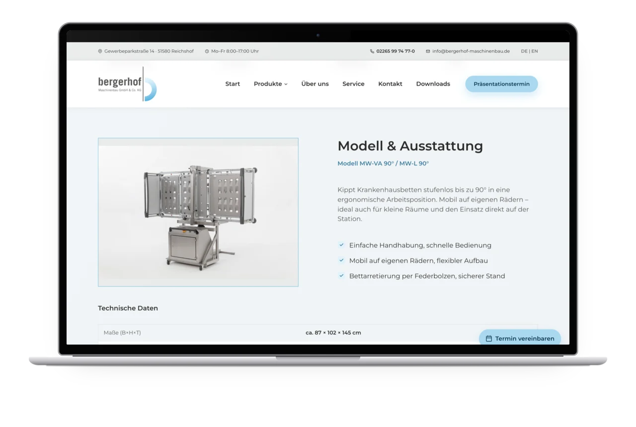 Die Produktseite des Bettenwenders 90° auf einem MacBook mit Modellbeschreibung und technischen Daten