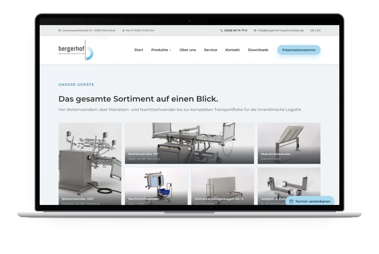 Das gesamte Sortiment von Bergerhof Maschinenbau als Kachelübersicht auf einem MacBook