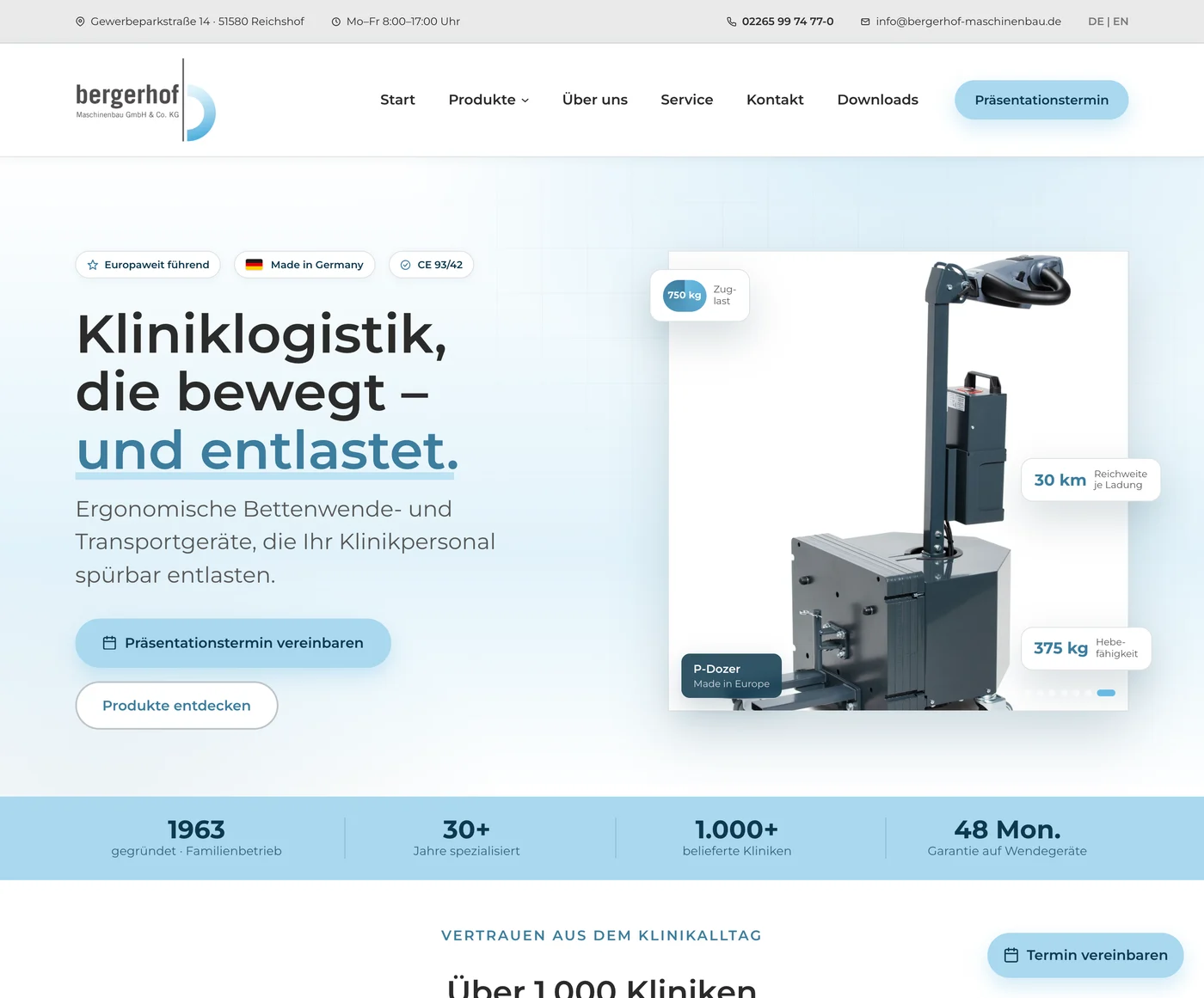Die heutige Website von Bergerhof Maschinenbau mit Menü, dem Hero Kliniklogistik, die bewegt und entlastet, und einer Kennzahlenleiste
