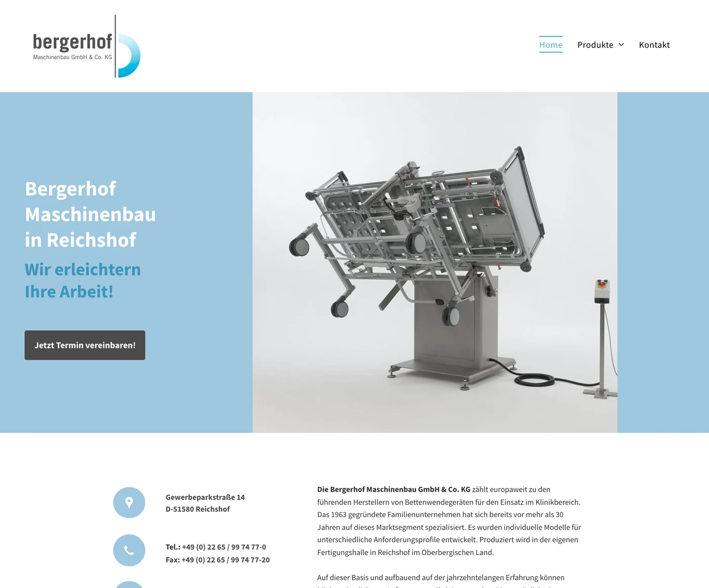 Die frühere Baukasten-Website von Bergerhof Maschinenbau mit hellblauem Hero, einem Bettenwender und drei Menüpunkten
