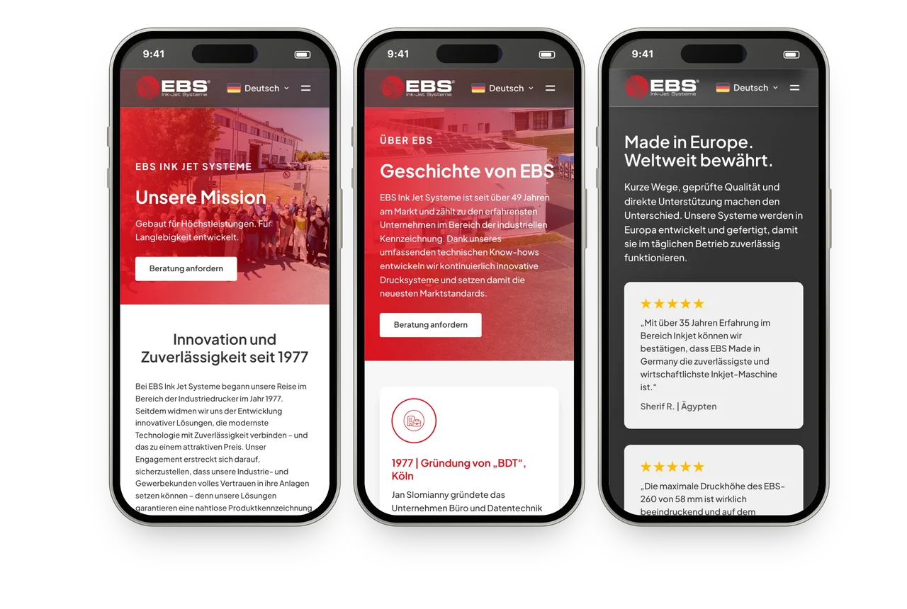 Drei iPhones mit der Website von EBS: Mission, Geschichte und Kundenstimmen