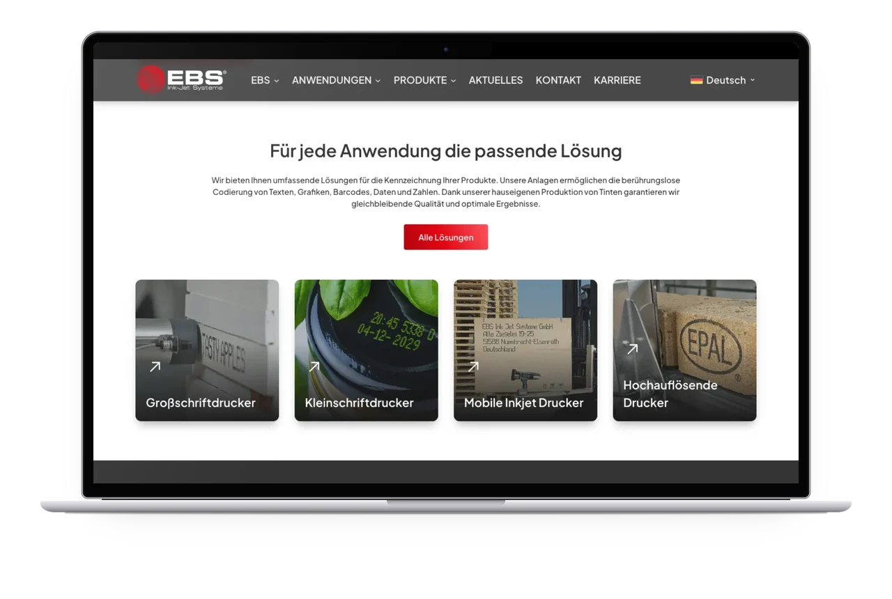 Der Abschnitt Für jede Anwendung die passende Lösung mit vier Druckerkacheln auf einem MacBook