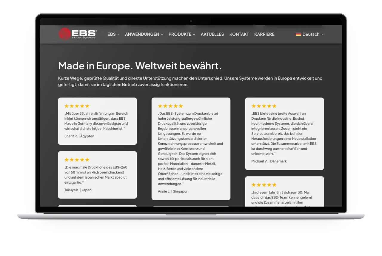 Der Abschnitt Made in Europe. Weltweit bewährt. mit Kundenstimmen auf einem MacBook
