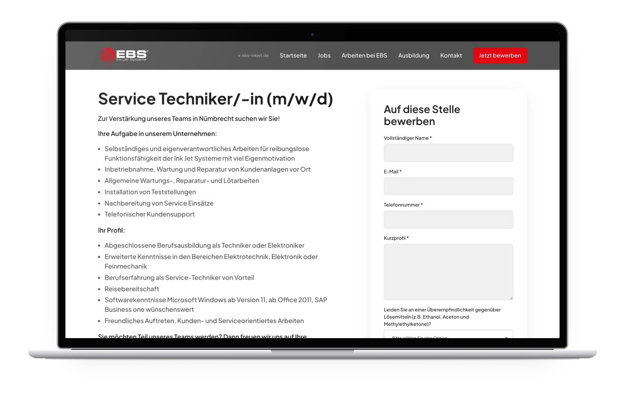 Eine Stellenanzeige mit eigenem Bewerbungsformular auf einem MacBook