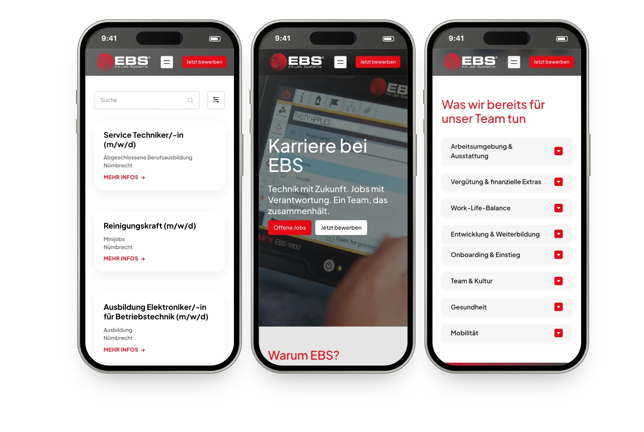 Drei iPhones mit der Karriere-Website von EBS: Stellenübersicht, Startseite und Vorteile für das Team