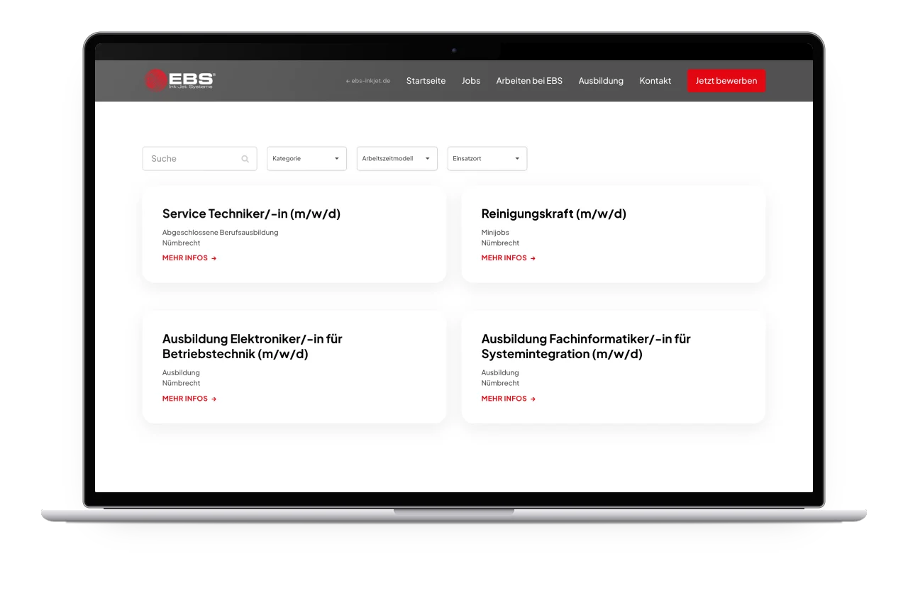 Die Stellenübersicht mit Suche, Filtern und vier offenen Stellen auf einem MacBook