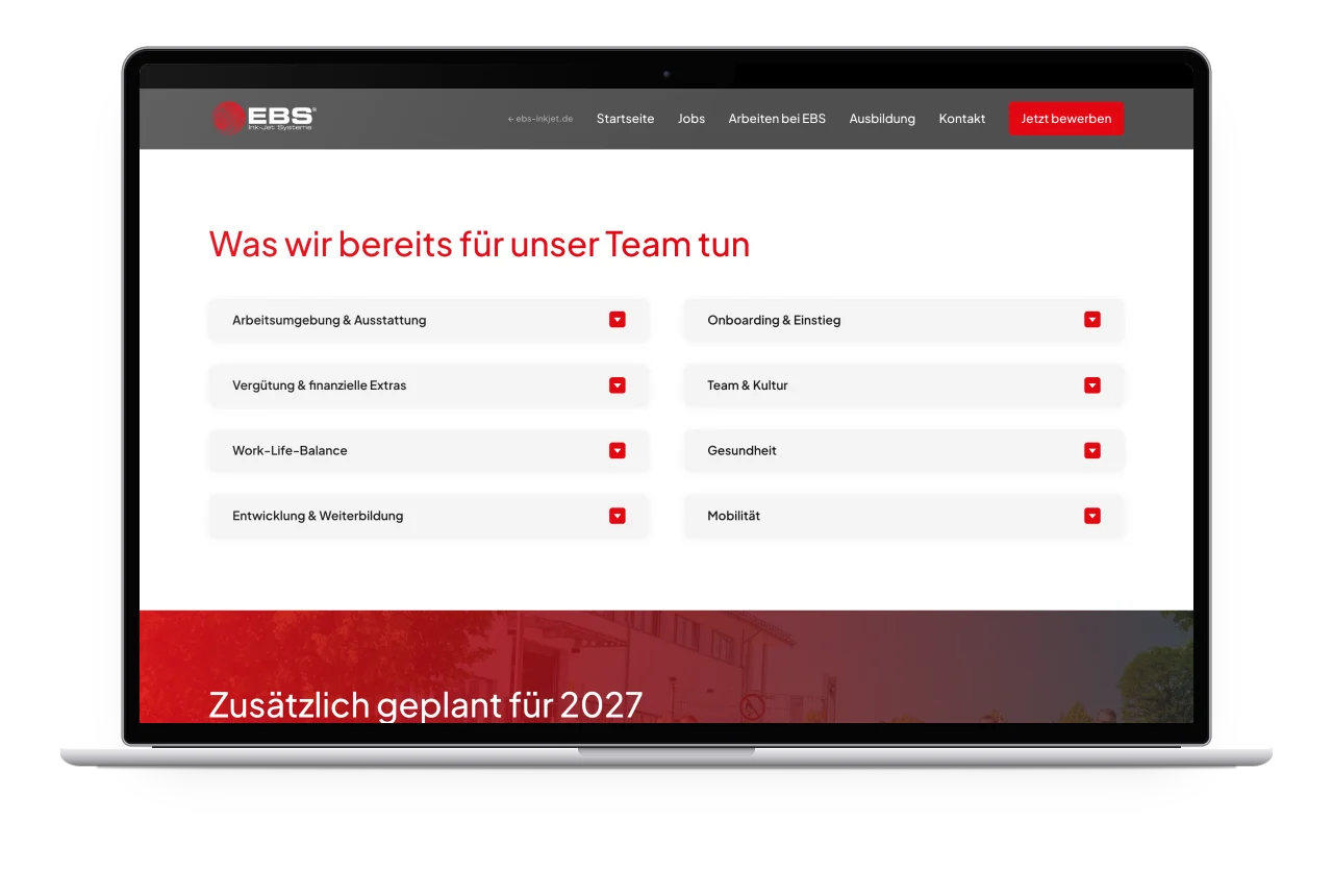 Die Vorteile für das Team in acht aufklappbaren Bereichen auf einem MacBook