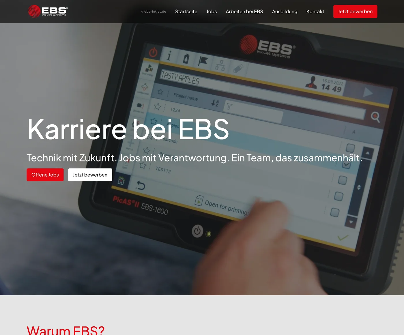 Die heutige Startseite der Karriere-Website von EBS mit großem Bild, der Überschrift Karriere bei EBS und zwei Buttons zu den offenen Jobs und zur Bewerbung