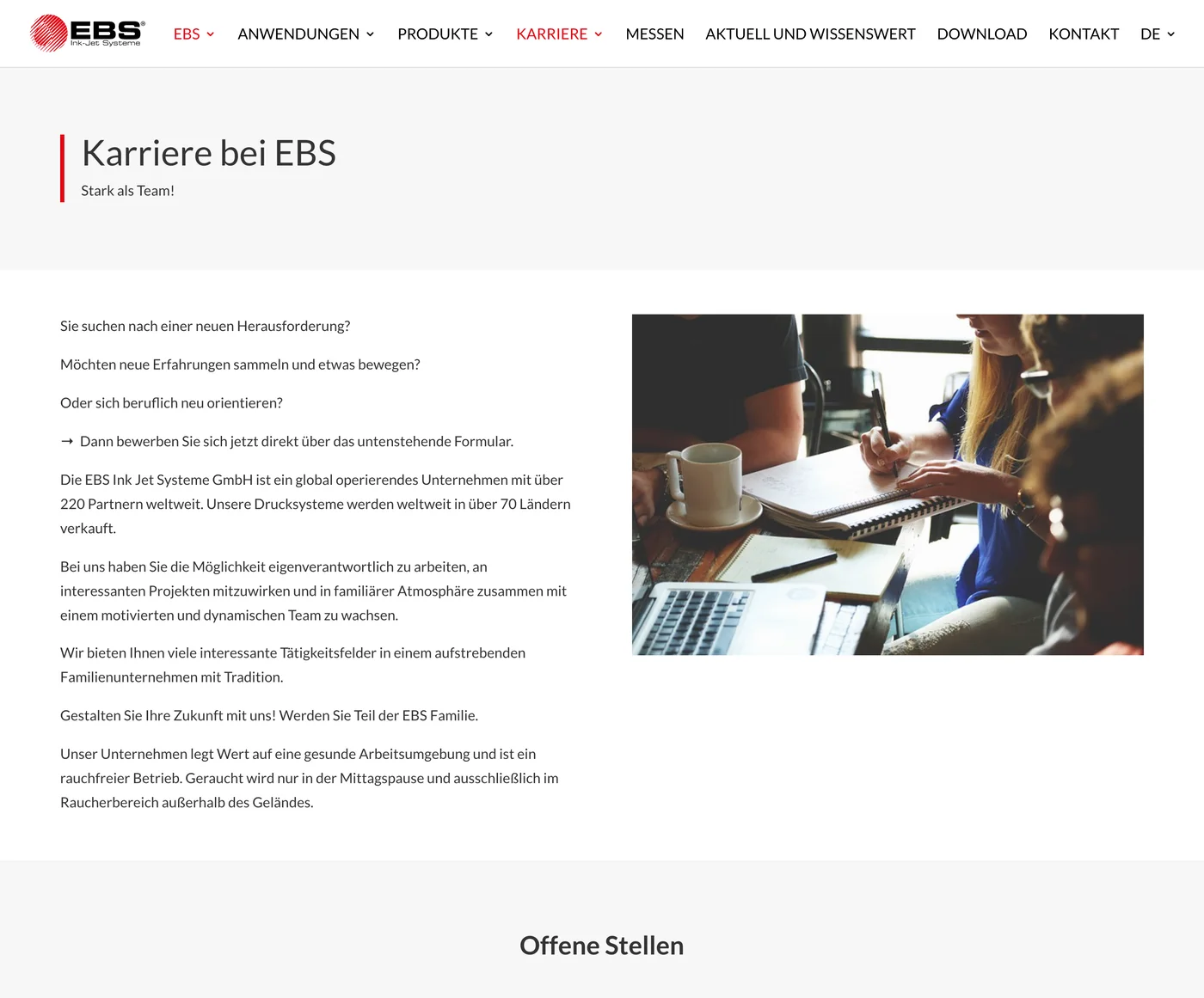 Die frühere Karriere-Unterseite der EBS-Firmenwebsite mit Textspalte, einem Foto und der Überschrift Offene Stellen