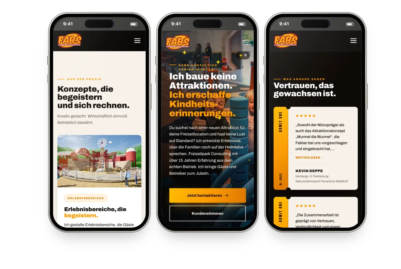 Drei iPhones mit der Website von FABS Consulting: Projekte, Startseite und Kundenstimmen