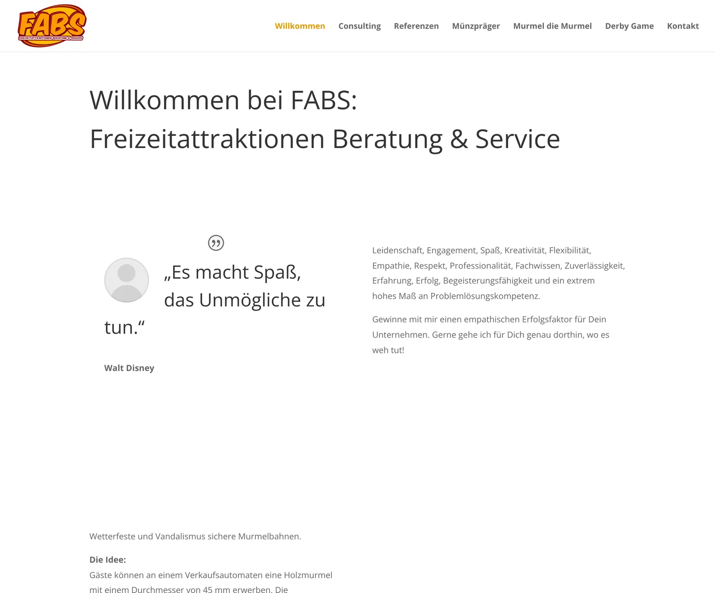 Die frühere Website von FABS Consulting mit Überschrift auf weißem Grund, einem Zitat von Walt Disney und einem Menü mit sieben Einträgen