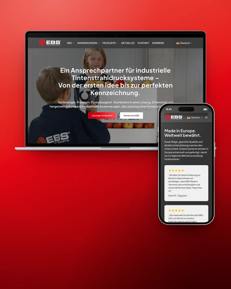 Website von EBS Ink Jet Systeme am MacBook und iPhone