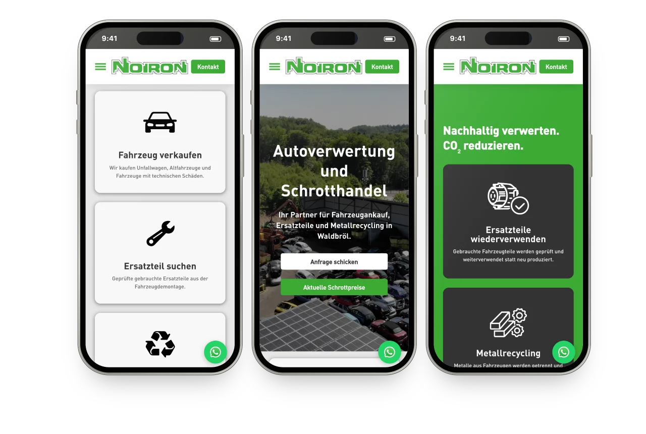 Drei iPhones mit der Website von Noiron: Einstiegskarten, Startseite und Nachhaltigkeit
