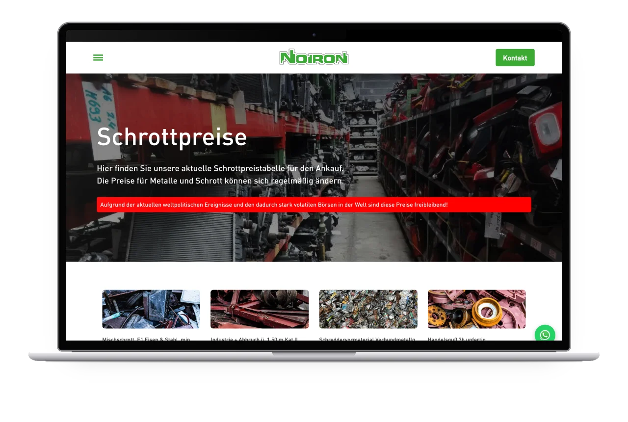 Die Seite Schrottpreise von Noiron auf einem MacBook
