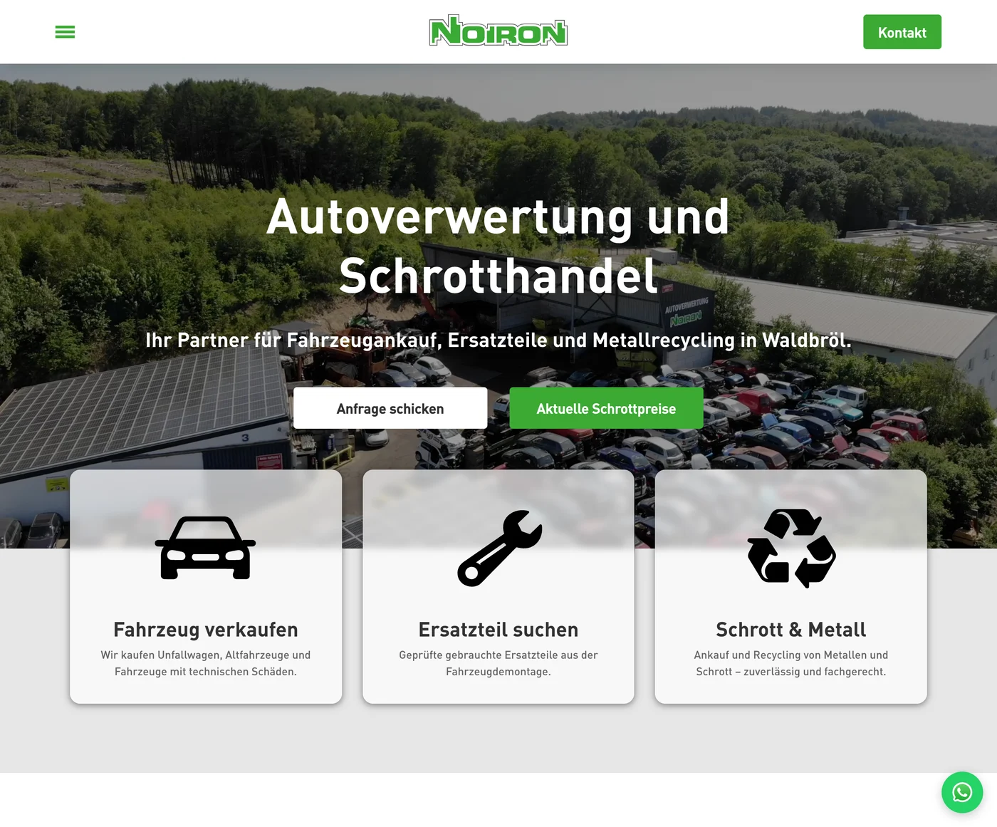 Die heutige Startseite von Noiron mit Luftaufnahme des Geländes, der Überschrift Autoverwertung und Schrotthandel und drei Einstiegskarten