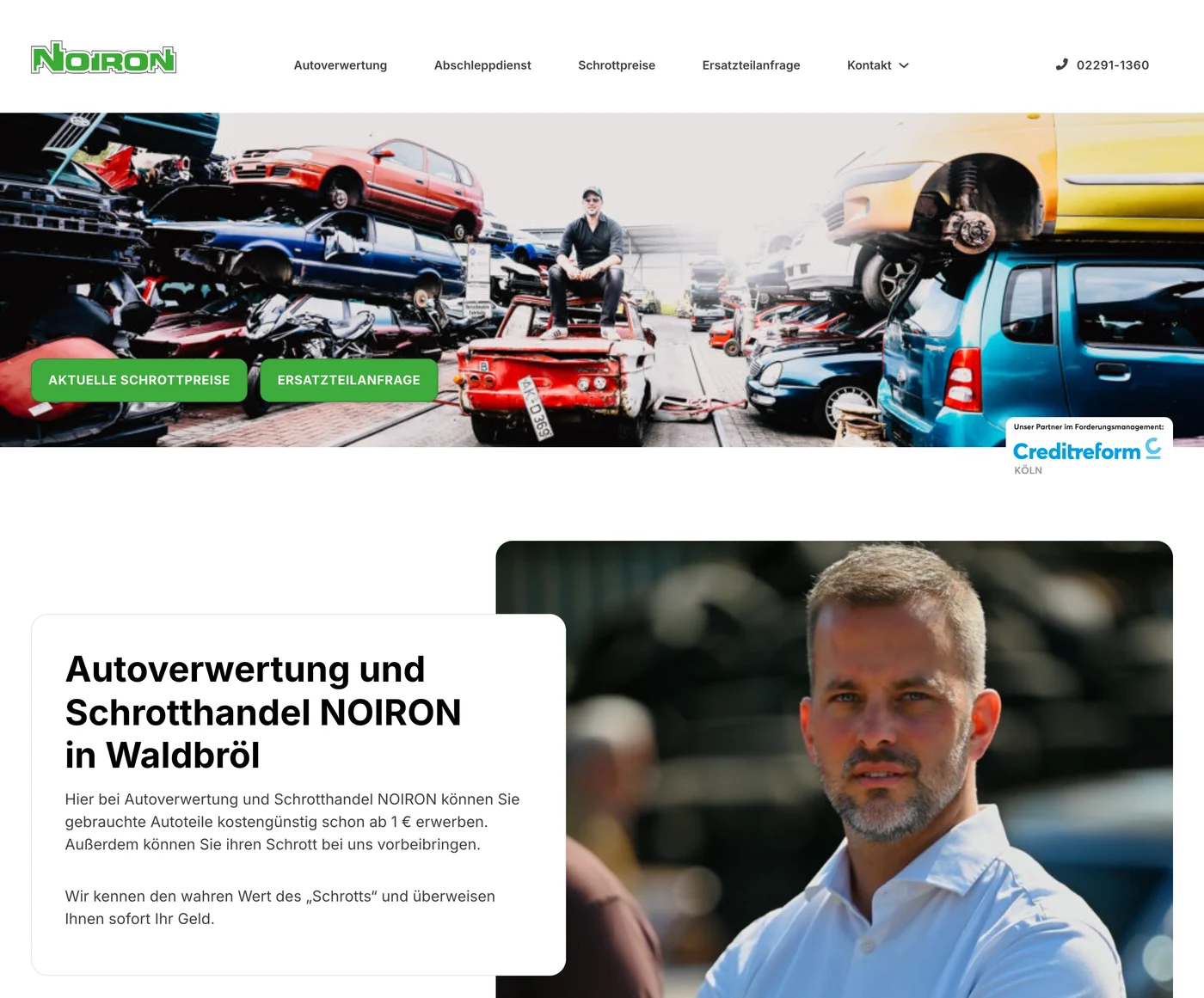 Die frühere Website von Noiron mit einem Foto des Schrottplatzes, zwei grünen Buttons und einem Begrüßungstext neben einem Porträt