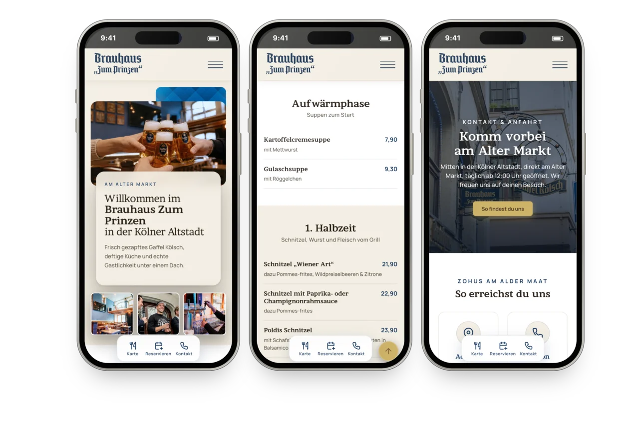 Drei iPhones mit der Website vom Brauhaus Zum Prinzen: Startseite, Speisekarte und Kontakt, jeweils mit der festen Leiste für Karte, Reservieren und Kontakt