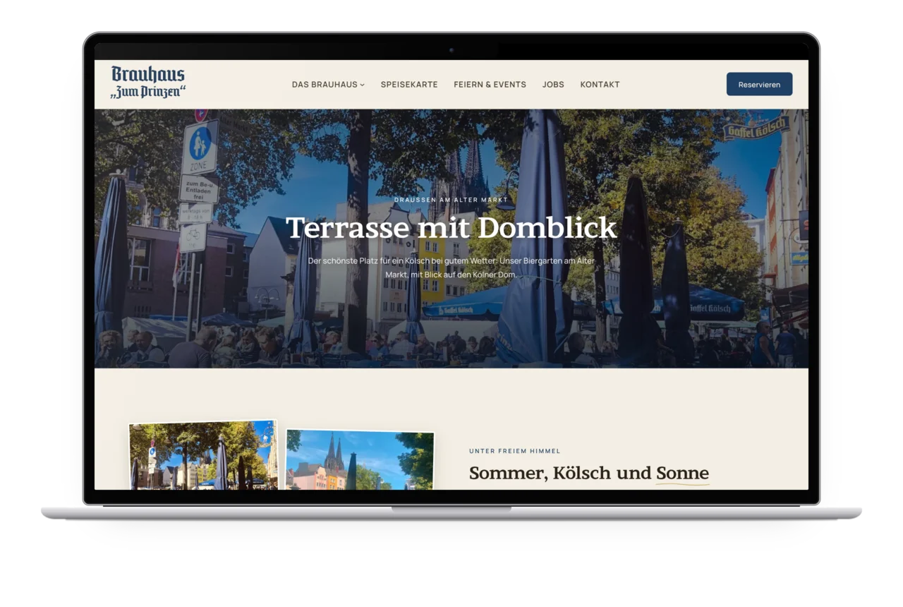 Die Seite Terrasse auf einem MacBook mit dem Hero Terrasse mit Domblick