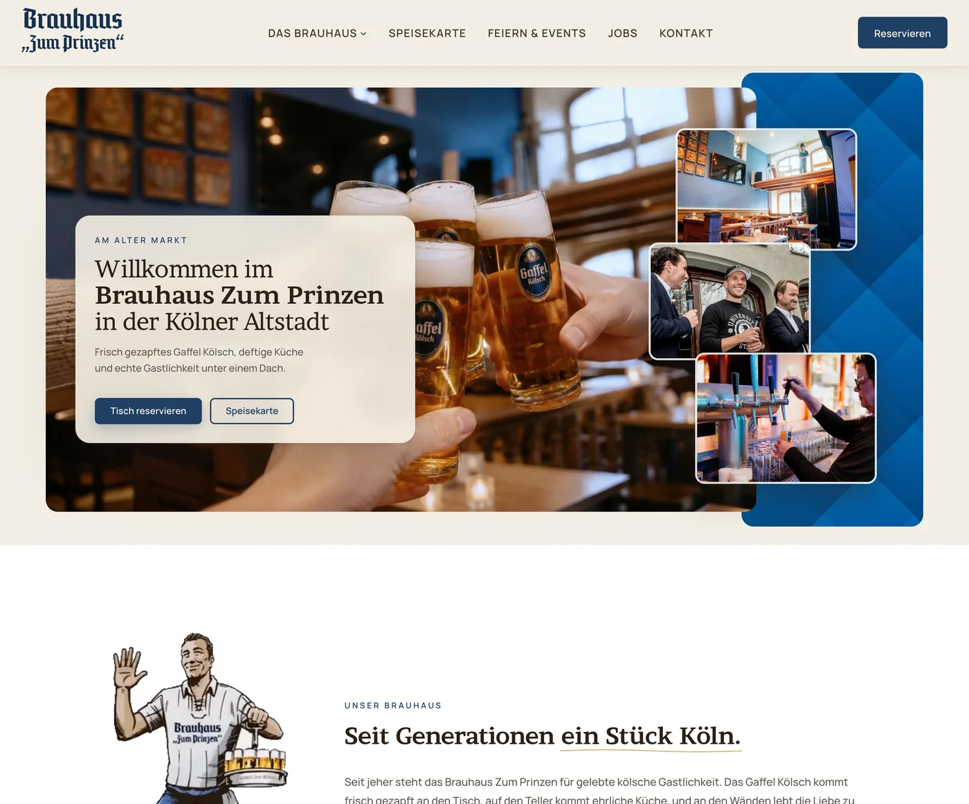 Die heutige Website vom Brauhaus Zum Prinzen mit cremefarbener Kopfleiste, dem Hero Willkommen im Brauhaus Zum Prinzen und drei Fotos aus dem Haus