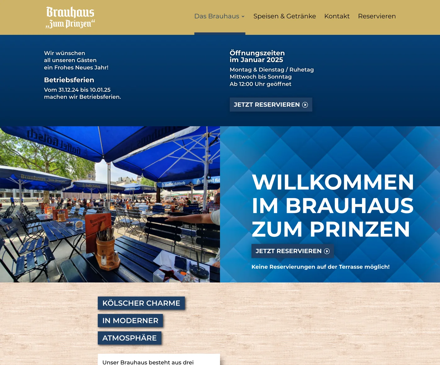 Die frühere Website vom Brauhaus Zum Prinzen mit goldener Kopfleiste, einem Hinweis auf Betriebsferien und einem Foto der Terrasse
